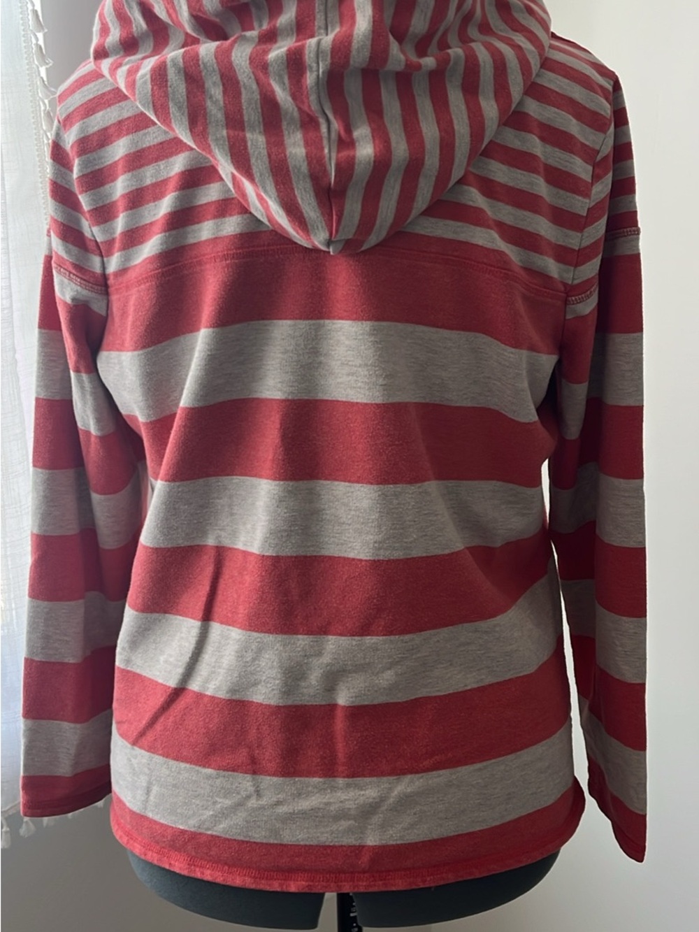 Striped Red and Gray Hooded Pullover - Picture 2 of 3